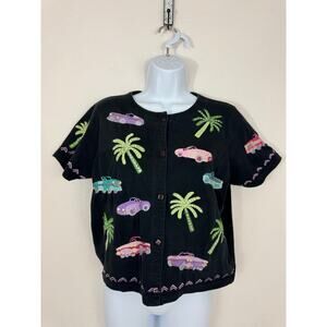 Michael Simon Lite Vintage Palm Tree Car Embroidered Black Cotton Top Size Small